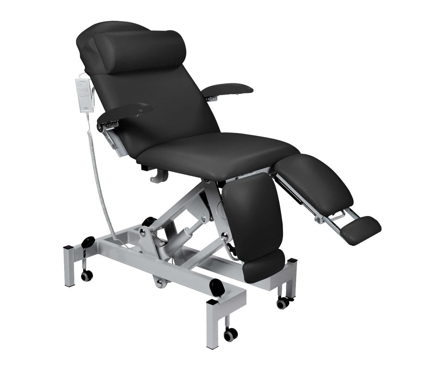 Fusion Podiatry Chair, Electric Height Adjustment, Gas Assisted Head and Split Adjustable Length and Foot Sections - Black Fusion Podiatry Chair, Electric Height Adjustment, Gas Assisted Head and Split Adjustable Length and Foot Sections - Black